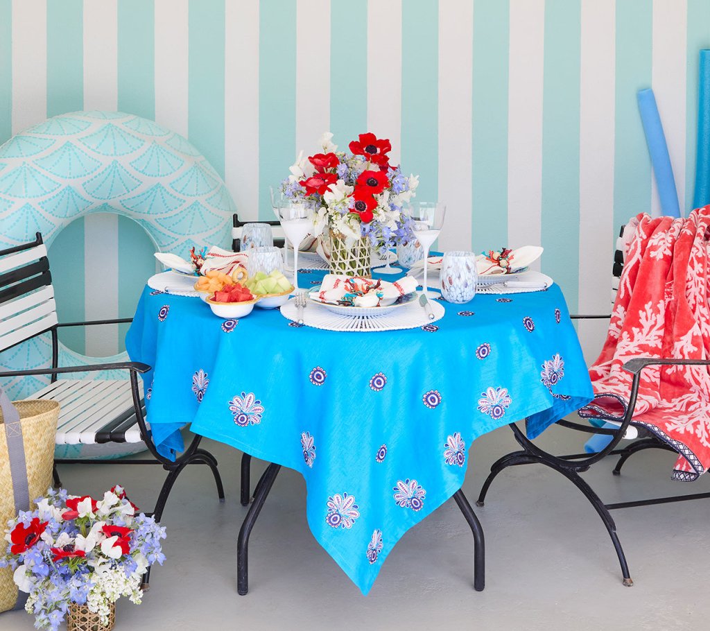 Turquoise and Navy Flores Tablecloth - Elegant Cotton Table Cover for Dining Room, Kitchen, or Outdoor Party Decor