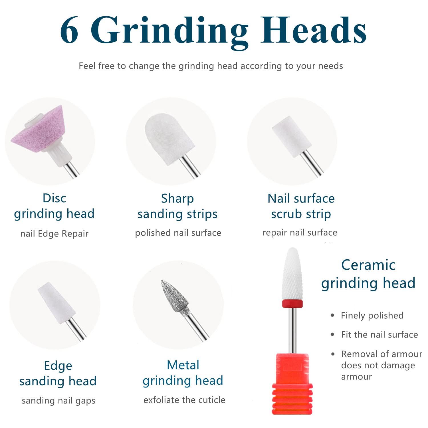 Professional Electric Nail File Kit - Wireless Portable Nail Drill with LED Drying Lamp, 3-Speed Adjustable & 6 Polishing Heads for Manicure Pedicure - Long Battery Life for Home Salon & Travel Nail Care (White)