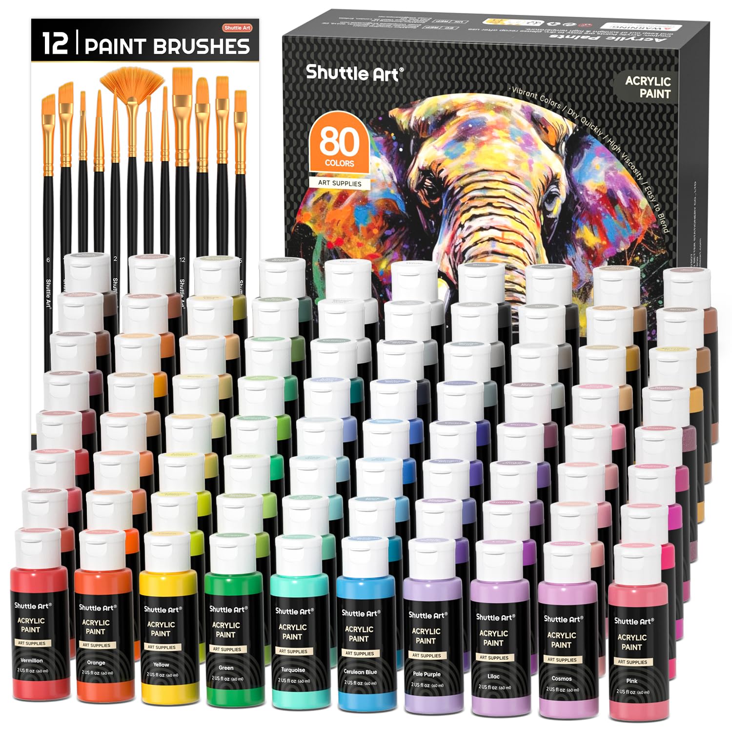 Shuttle Art 80 Colors Acrylic Paint Set with 12 Brushes - 2oz/60ml Bottles, Rich Pigmented Premium Paints for Artists, Beginners & Kids - Perfect for Canvas, Rocks, Wood, Ceramic & Easter Decor Painting Projects