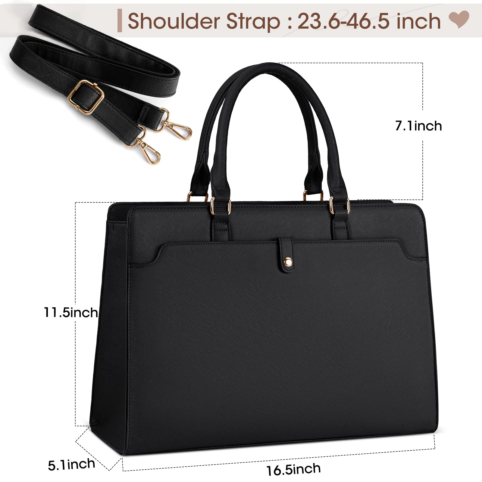 RAINSMORE 15.6 Inch Leather Laptop Tote Bag for Women - Waterproof Business Office Briefcase, Large Capacity Work Bag, Shoulder Handbag, Black - Perfect for Commuting, Travel, and Professional Meetings