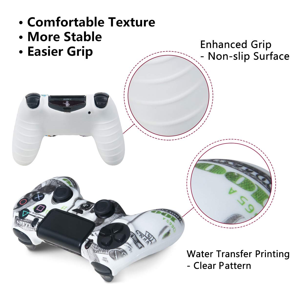 Premium Silicone PS4 Controller Skins - Water Transfer Printing Protective Cover for DualShock 4 with 8 Thumb Grips - Compatible with Sony PS4, PS4 Slim & PS4 Pro - Perfect for Gaming, Streaming & eSports Tournaments