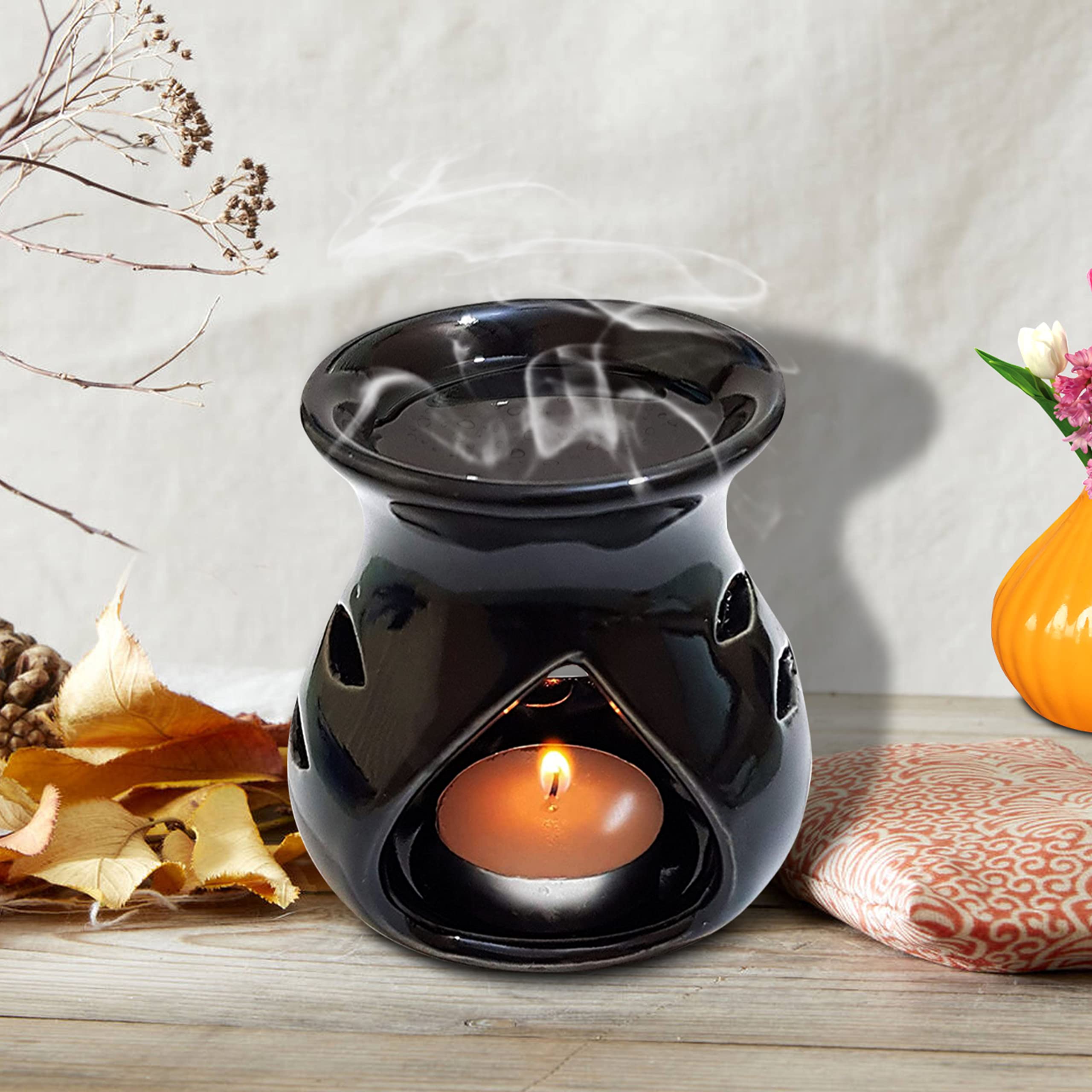 Pure Source India Ceramic Clay Candle Operated Aroma Diffuser - Black 9cm Essential Oil Burner for Home, Yoga, Spa & Meditation Relaxation