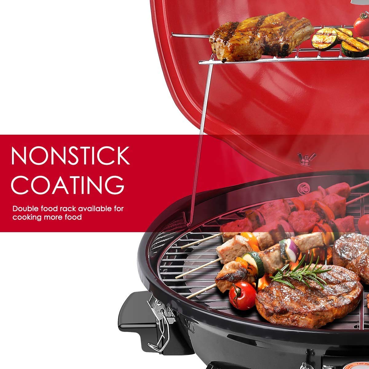 Techwood 1600W Electric BBQ Grill - Indoor & Outdoor Portable Countertop Grill with Double Layer Design & Removable Stand - Perfect for Patio, Camping, and Backyard BBQs (15-Serving Capacity)