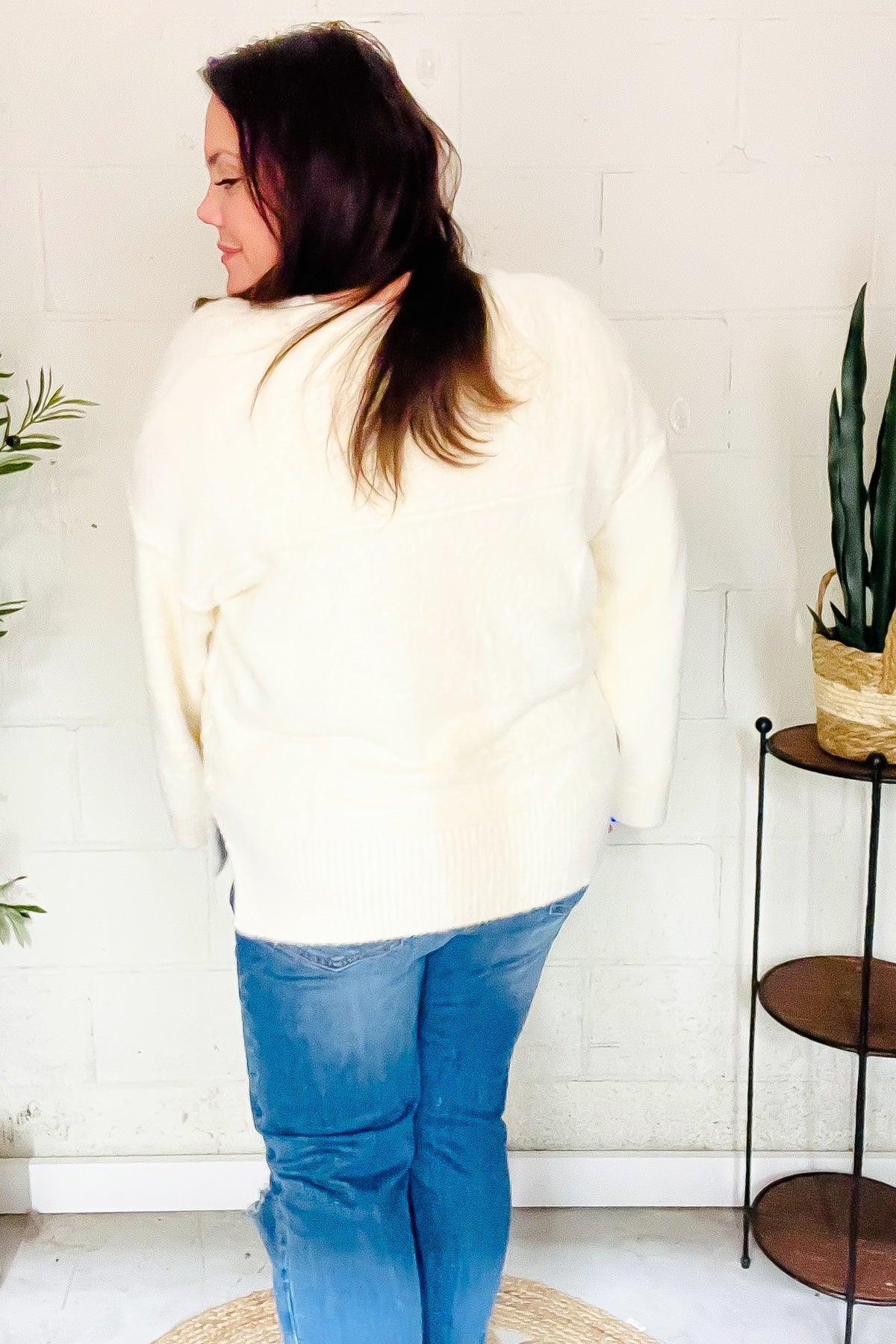 Classic Elegance Ivory Fuzzy Soft Knit Sweater for Women - Cozy Winter Pullover with Long Sleeves - Perfect for Casual Outfits, Office Wear & Holiday Gatherings