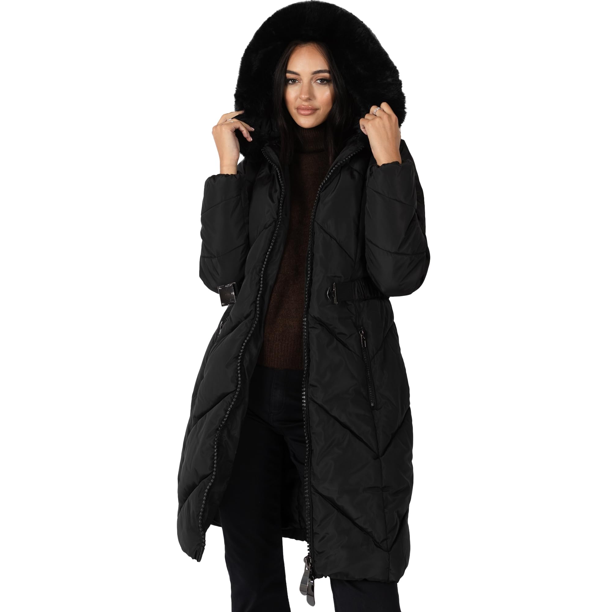 Lovedrobe Women's Winter Jacket - Quilted Padded Puffer Coat with Faux Fur Hood, Belted Waist & Front Pockets - Warm Outerwear for Cold Weather, Snow, Skiing & Daily Winter Fashion