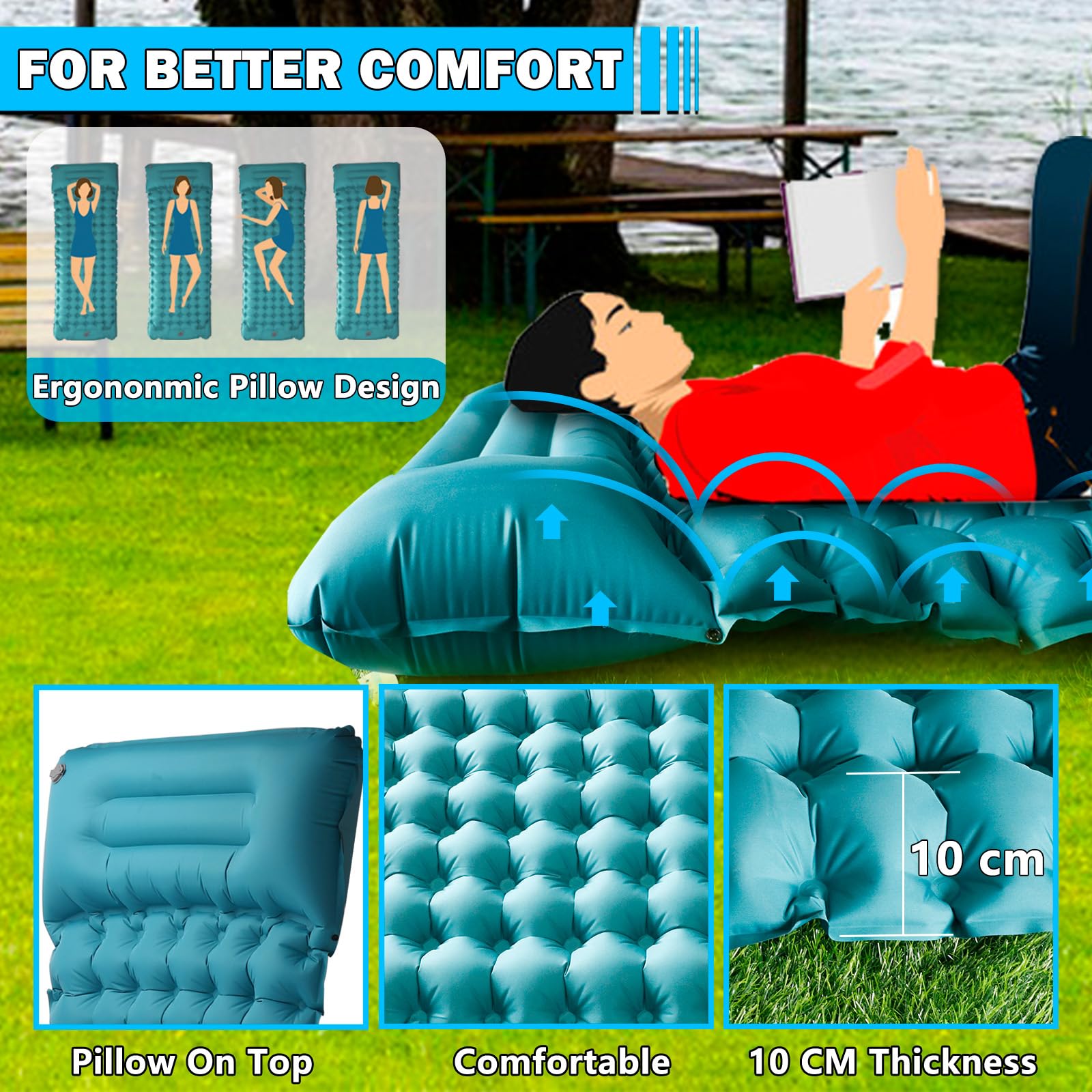 Blue Self-Inflating Camping Pad with Pillow - Lightweight for Hiking & Travel