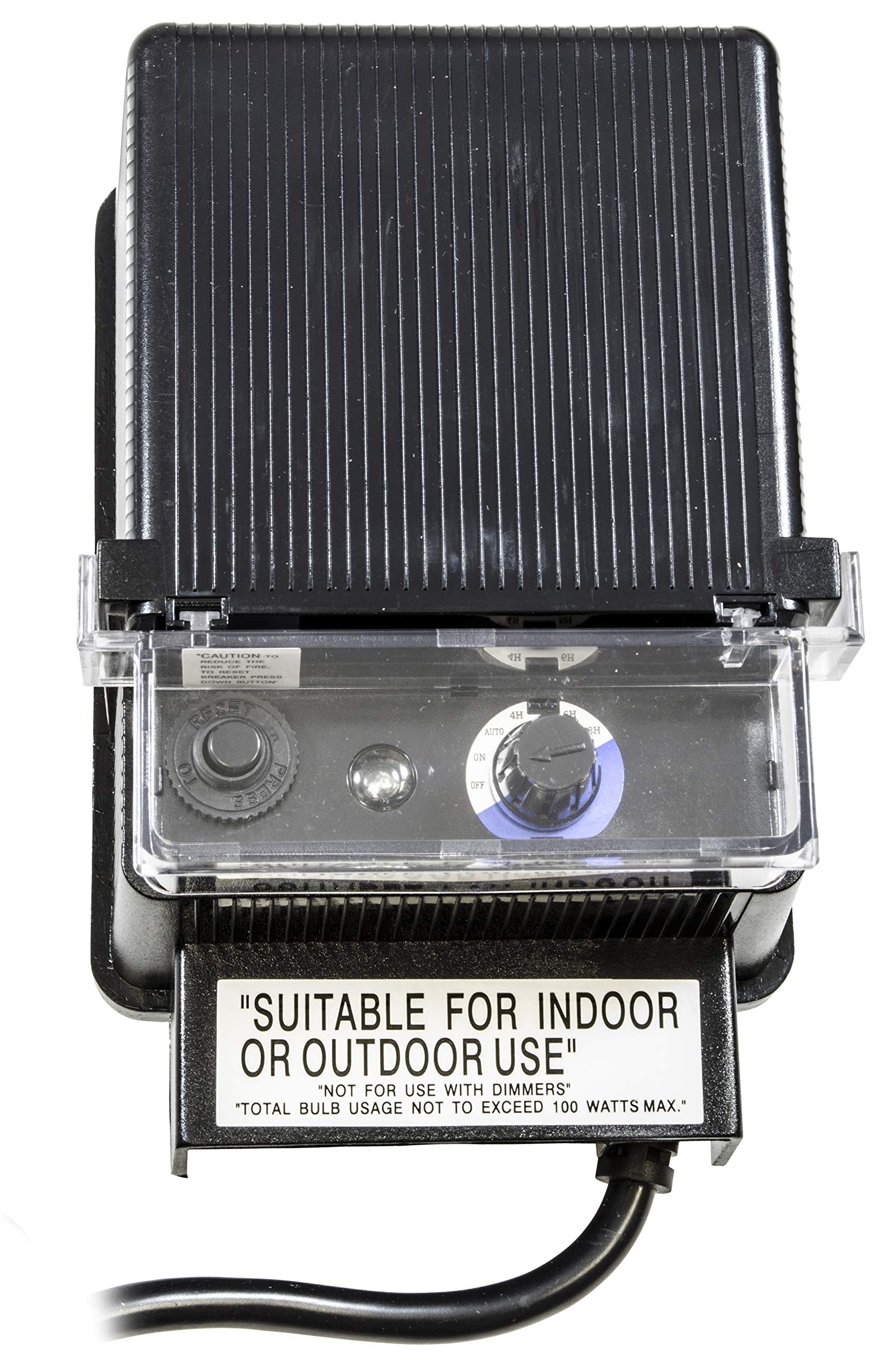 100W LVT100 Low Voltage Transformer with Photocell & Timer - Magnetic Core, Weatherproof Black Housing for Outdoor Landscape Lighting & Garden Spotlights