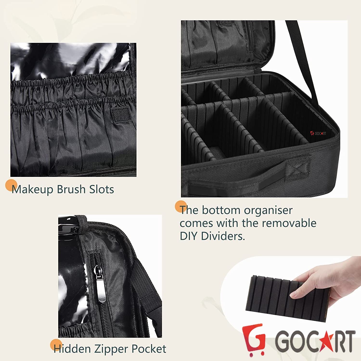 GOCART WITH G LOGO 18 Inch Black Train Case Makeup Organizer - Adjustable Dividers, Vanity Storage Box for Cosmetics & Beauty Tools | Perfect for Travel, Salon & Home Use