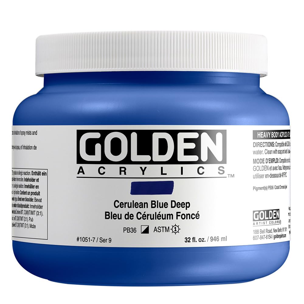 GOLDEN Heavy Body Acrylic Paint - Cerulean Blue Deep (32 fl. oz Jar) | Professional Grade Semi-Opaque Acrylics for Artists | Perfect for Canvas Painting, Murals & Fine Art Projects