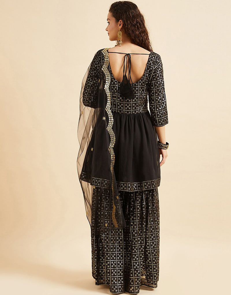 Elegant Black Poly Georgette Suit Sharara for Women - Stylish Party Wear & Wedding Outfit - Perfect for Festive Occasions, Bridal Shower, and Special Events