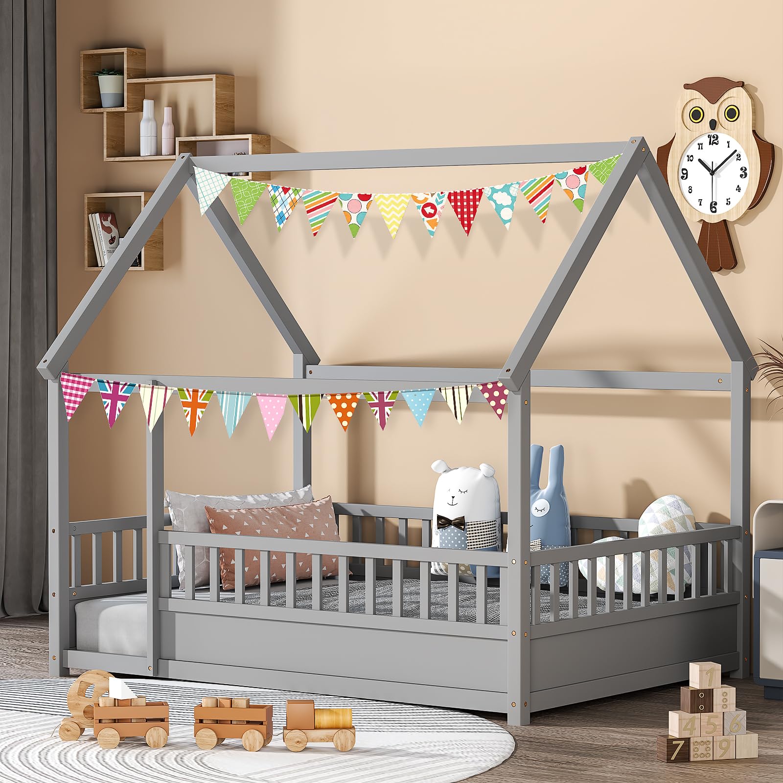 Montessori Twin House Bed for Kids - Wooden Toddler Bed with Safety Fence & Roof - Low Floor Bed Frame for Boys & Girls - Grey - Perfect for Bedrooms, Playrooms & Montessori Learning Spaces