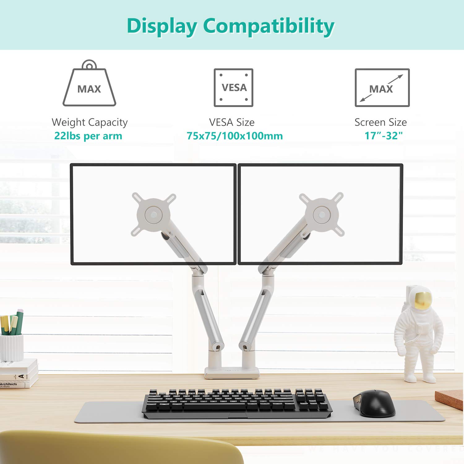 WALI Dual Monitor Stand with Steel Reinforcement Plate - Adjustable White Monitor Arms for 2 Screens, Heavy Duty Desk Mount - Perfect for Home Office, Gaming Setup & Workspace Ergonomics
