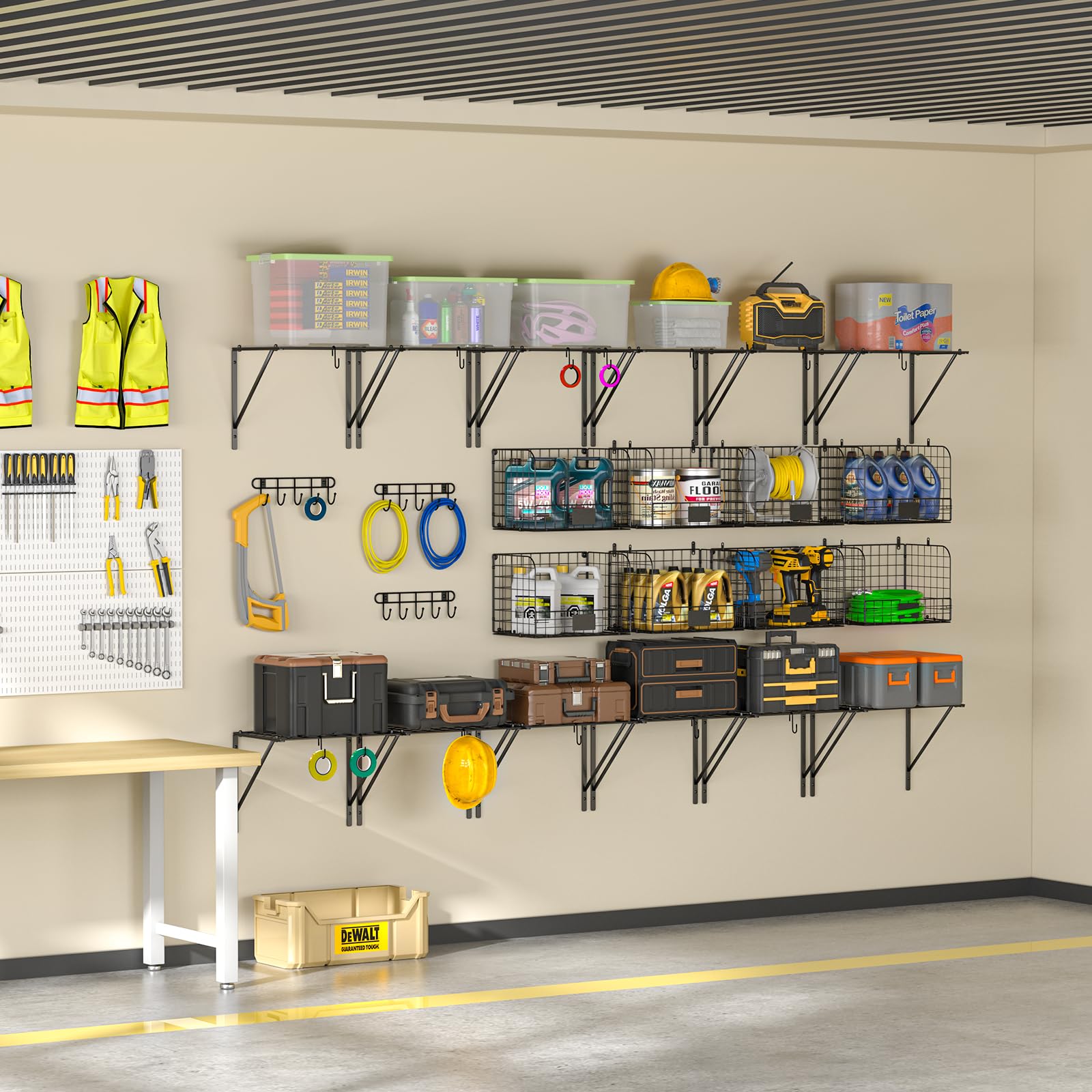 2 Pack Heavy Duty Wall Mounted Garage Shelves with Wire Baskets & Hooks - Sturdy Metal Storage Shelving for Tools, Garden Supplies & Garage Organization - Perfect for Home, Workshop & DIY Storage Solutions