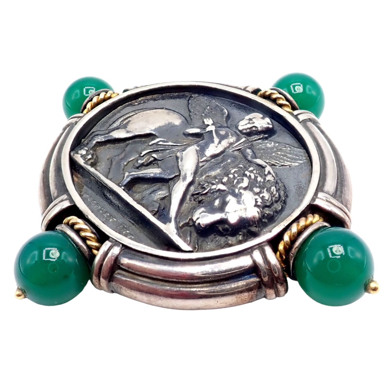 Authentic 18k Yellow Gold & Silver Large Medallion Chrysoprase Brooch - SeidenGang Vintage Jewelry for Women, Perfect for Weddings, Parties & Special Occasions