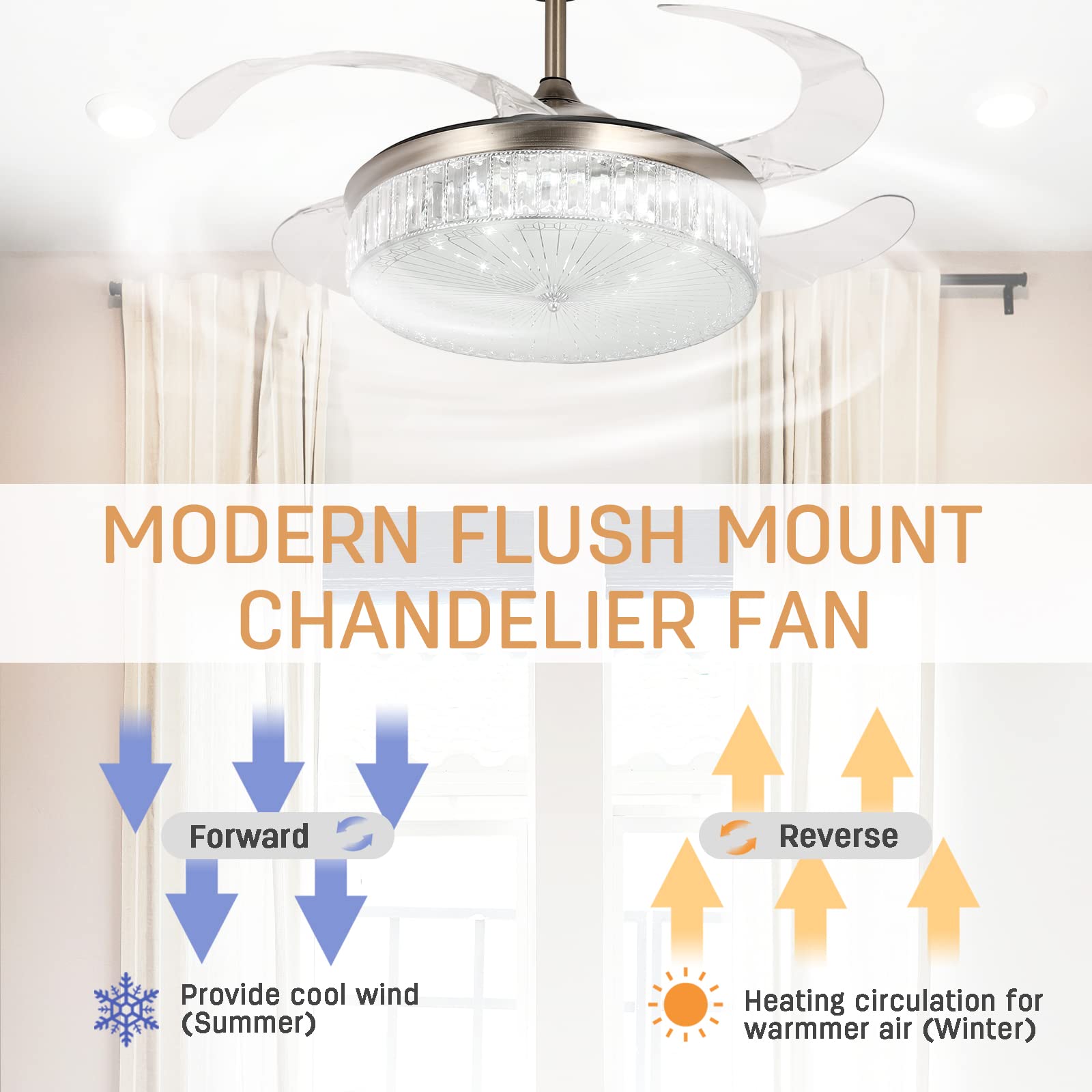 STERREN 42 Inch Crystal Bladeless Ceiling Fan with LED Light - Modern Retractable Flush Mount Low Profile Chandelier Fan with Remote Control - Perfect for Bedroom, Living Room, Dining Room & Office Spaces