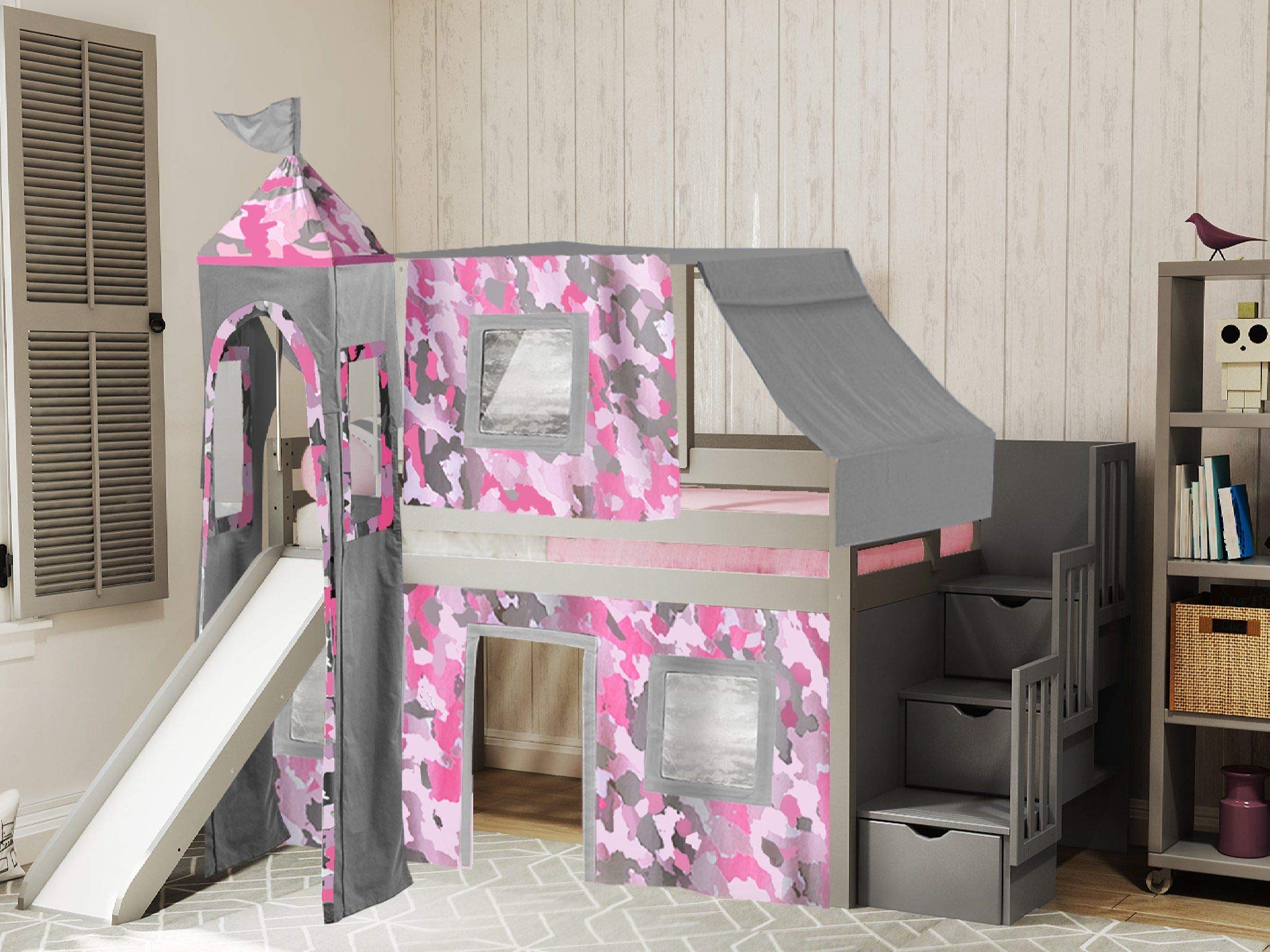 JACKPOT! Pink Camo Princess Low Loft Stairway Bed with Slide & Play Tent - Twin Size Gray Loft Bed for Girls - Perfect for Small Bedrooms & Playrooms
