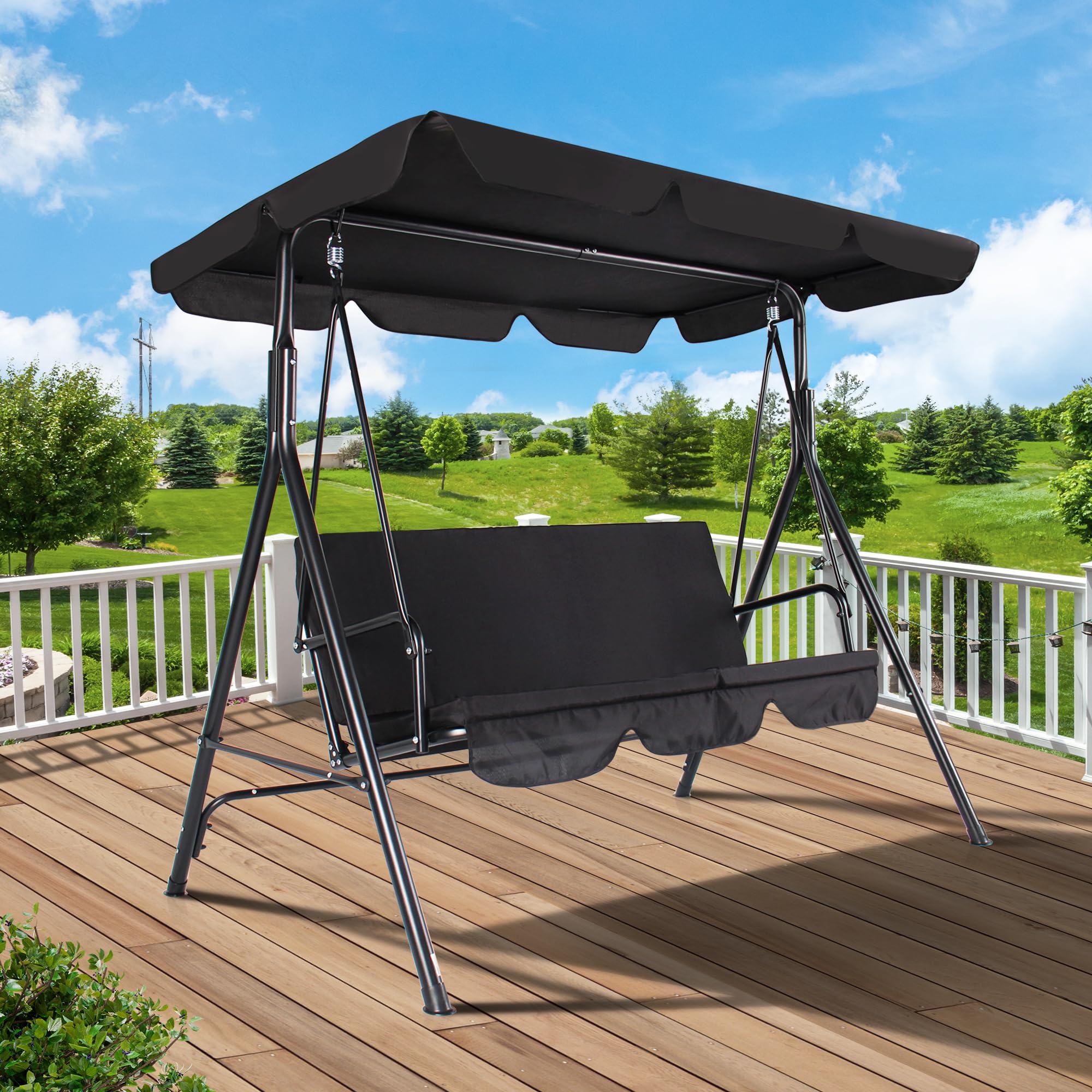 COVERONICS 3-Seat Outdoor Porch Swing Chair with Adjustable Canopy - Durable Metal Frame Patio Swing with Removable Cushions - Perfect for Backyard, Garden, Terrace & Lawn Relaxation (Black)