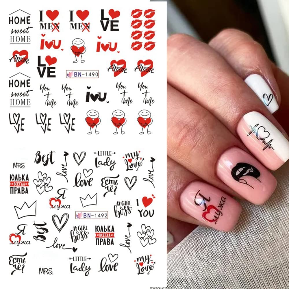 Valentine's Day Nail Art Stickers - Heart & Love Water Transfer Nail Decals with XOXO Kiss Lips Design for Women, Girls, Kids - Perfect for Acrylic Nails, Manicures, Parties & Romantic Dates