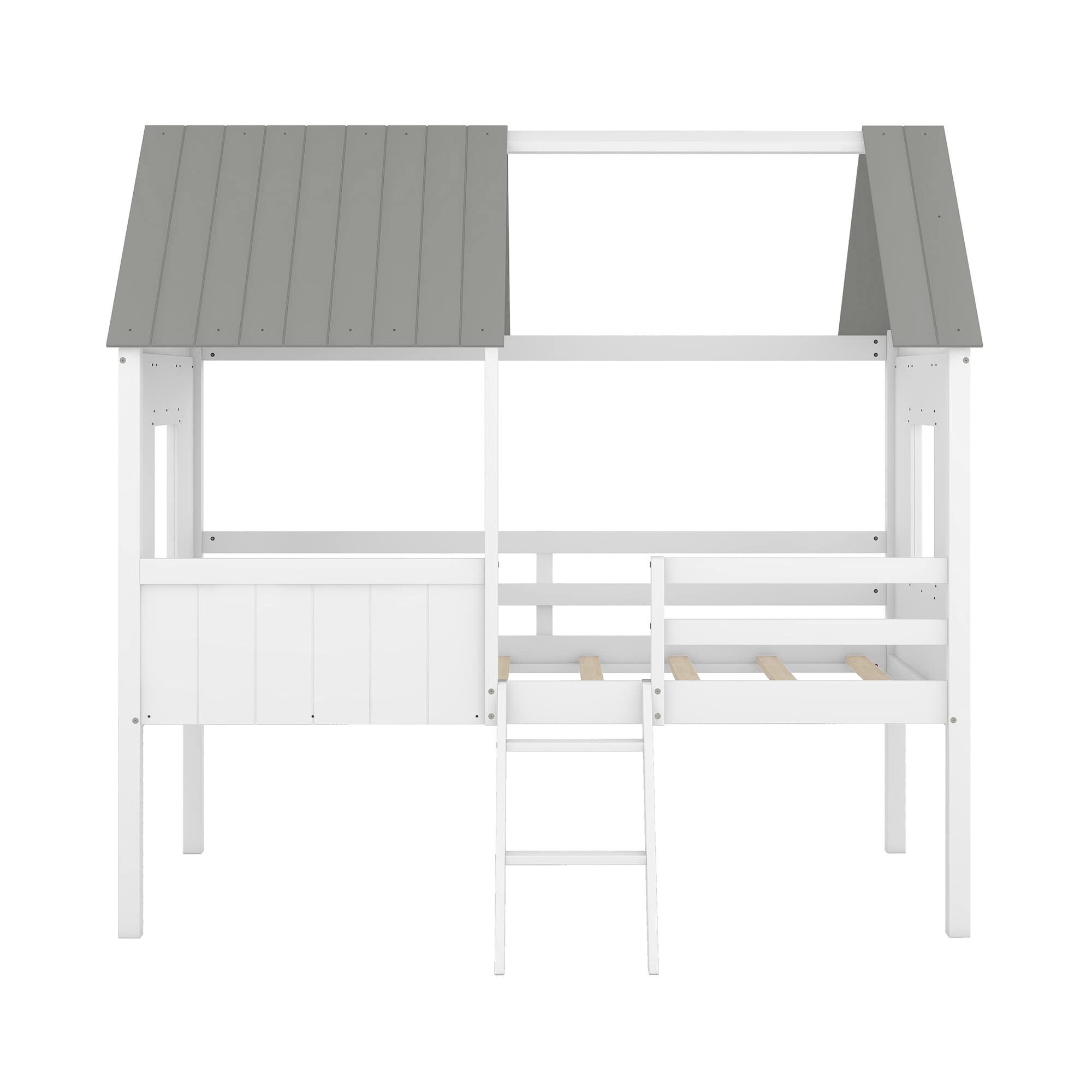 Harper & Bright Designs Twin Size Wooden House Bed Frame for Kids & Teens - Low Loft Bed with Side Windows & Roof - No Box Spring Needed (White+Gray) - Perfect for Small Bedrooms, Playrooms & Kids' Sleepovers