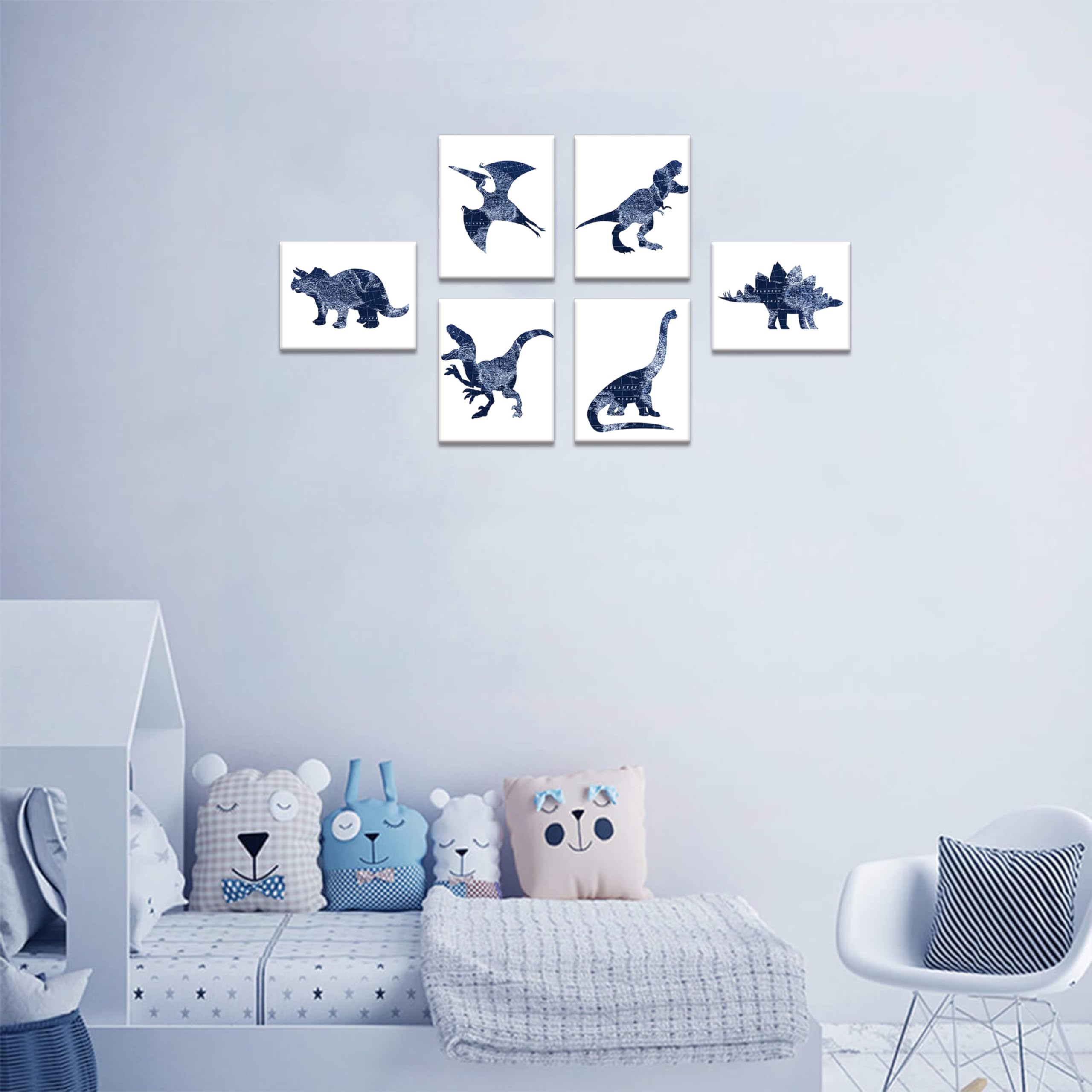 Navy Blue Dinosaur Wall Art Decor Set - 6 Pack 8x10 Inch Stretched Canvas Prints for Boys Room, Kids Bedroom & Nursery - Jurassic Themed Dinosaur Wall Decals & Room Decorations | Perfect for Dinosaur Lovers, Birthday Gifts & Themed Bedroom Design