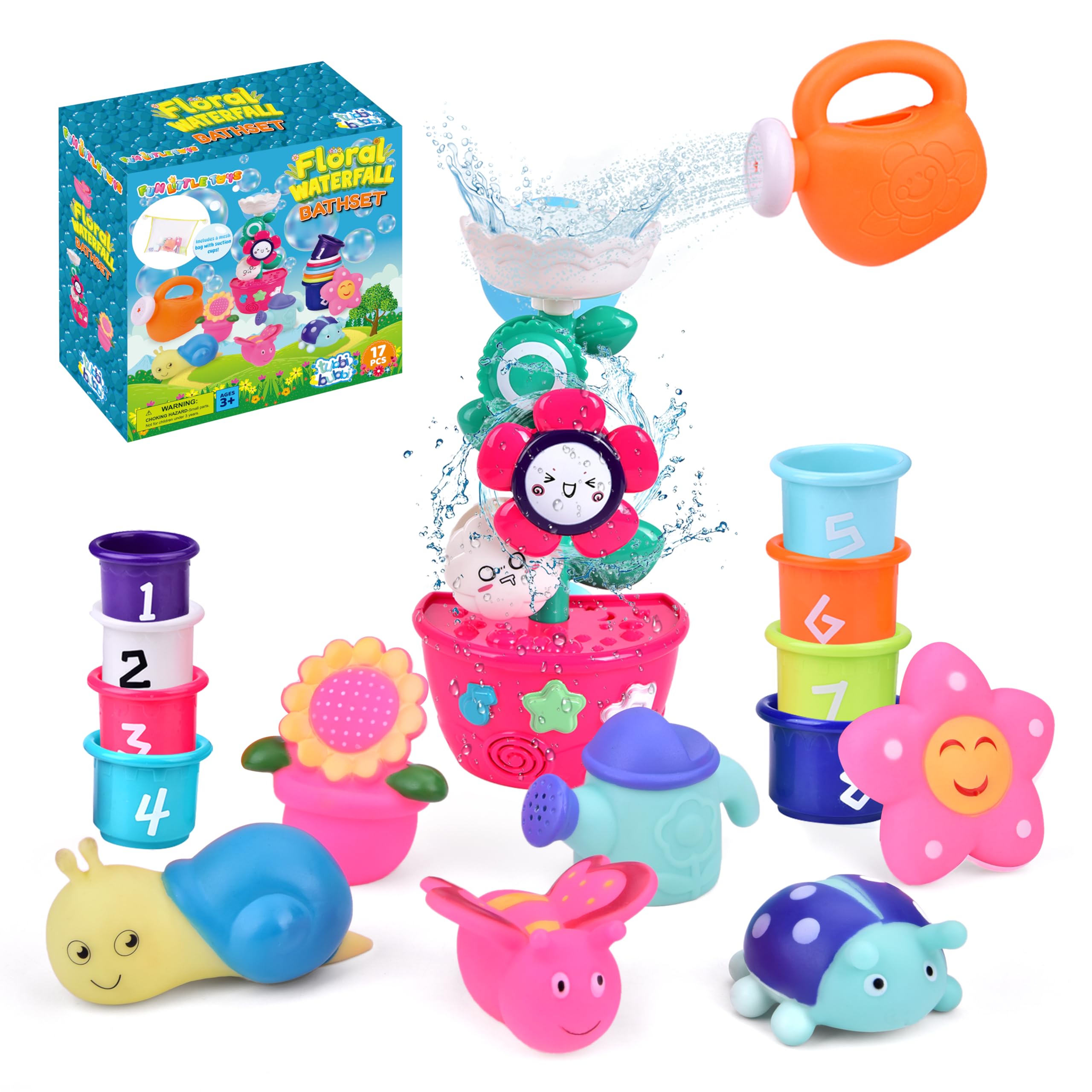 16Pcs Toddler Bath Toys Set - Flower Waterfall Water Station, Stacking Cups, Watering Can & Shower Toys for Kids Ages 1-5 | Fun Bath Time Learning Toys for Boys & Girls | Perfect for Sensory Play & Early Childhood Development