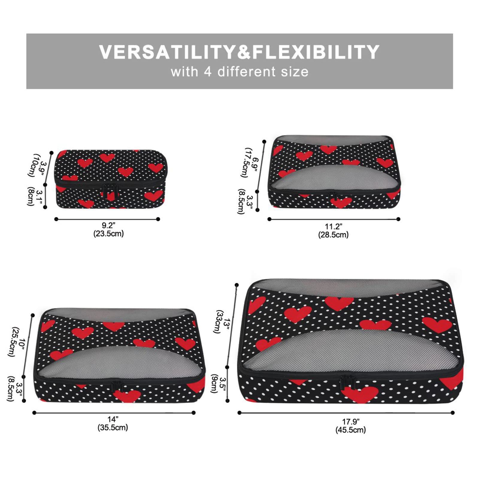 Susiyo Polka Dot Valentine Hearts 4-Piece Packing Cube Set - Luggage Organizers for Travel Accessories | Perfect for Suitcase Organization & Weekend Getaways