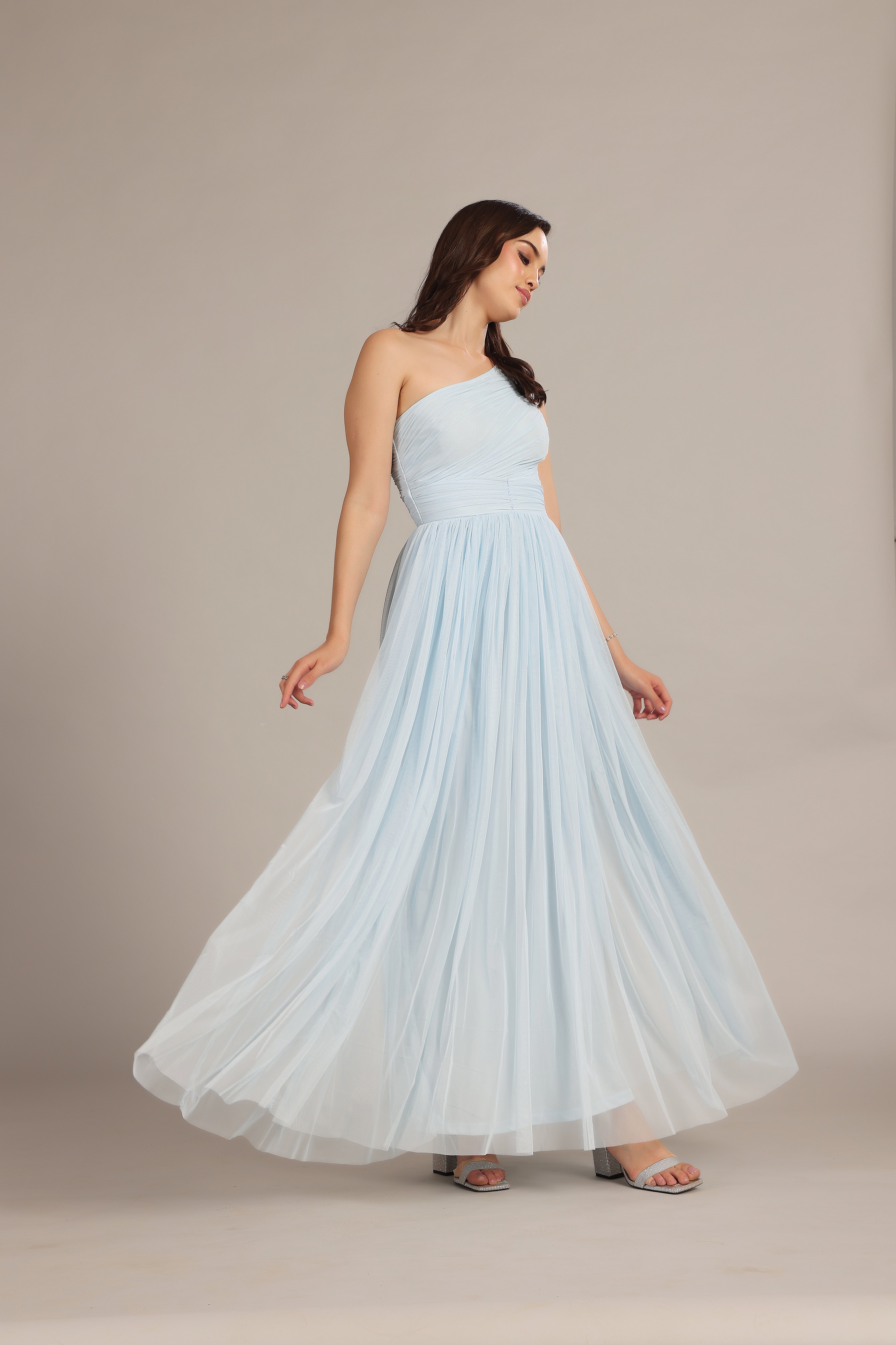 Elegant One Shoulder Maxi Dress in Soft Powder Blue - Perfect for Beach Weddings, Summer Parties & Evening Events