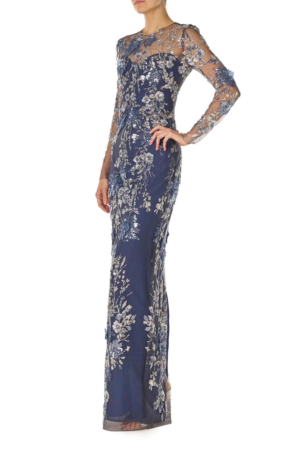 Elegant Long Sleeve Illusion Sequin Evening Gown for Women - Perfect for Prom, Gala, and Formal Events