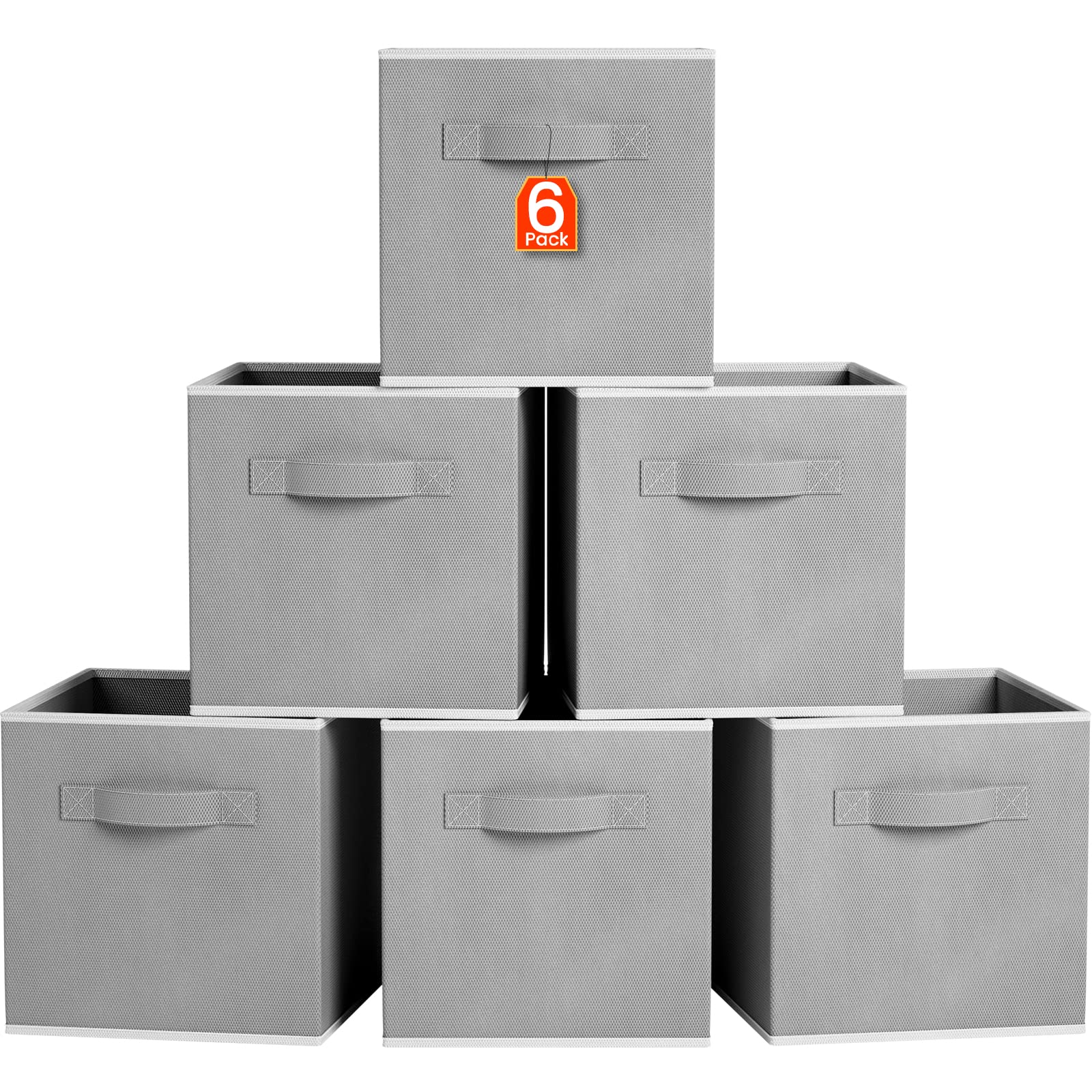 13x13 Inches Foldable Fabric Storage Cube Bins with Dual Handles (6 Pack, Grey) - Collapsible Organizer for Clothes, Toys, Closet & Shelves - Perfect for Home, Office, Nursery & Dorm Organization