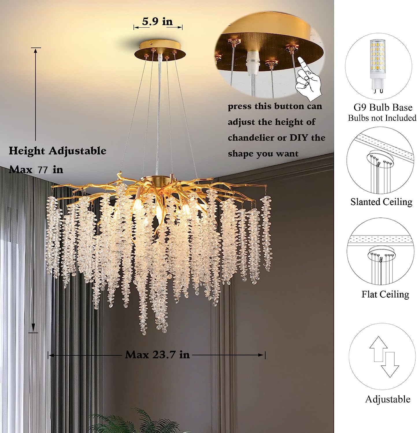 Luxury Gold Crystal Tree Branches Chandelier - 9-Light Round Raindrop Pendant Ceiling Fixture with Tassel, 23.7