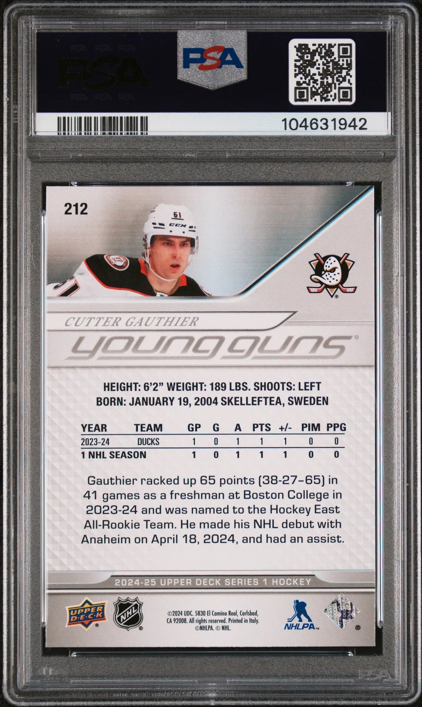 2024-25 Upper Deck Series 1 Hockey Cutter Gauthier Young Guns Rookie Card PSA 9 Mint - Collectible Trading Card for NHL Fans & Sports Memorabilia Enthusiasts