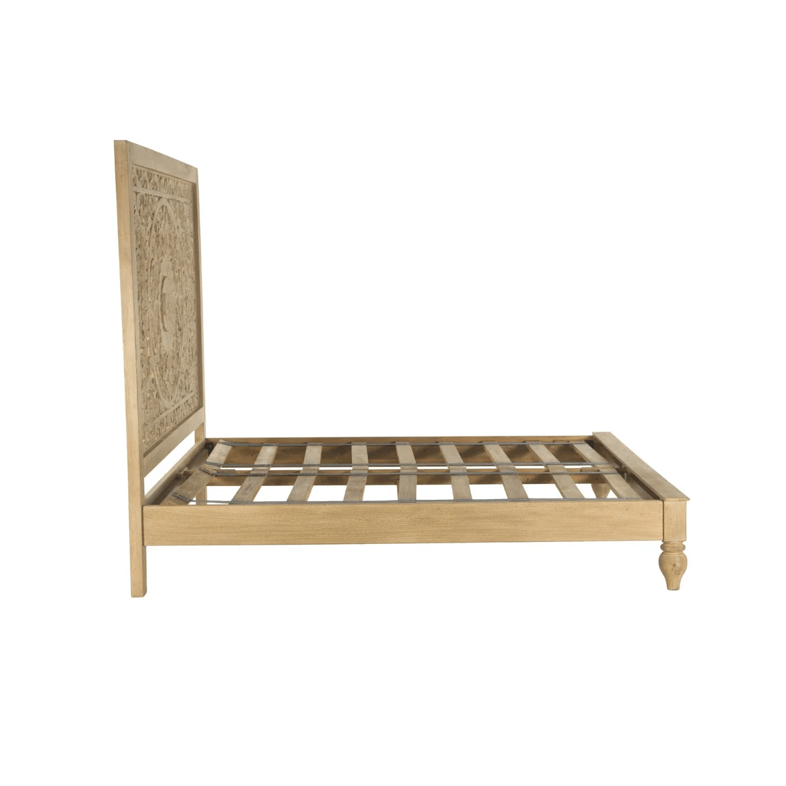 Hand Carved Solid Wood Bed Frame with Headboard - Indian Style Queen/King Size Bed - Perfect for Master Bedroom, Guest Room & Farmhouse Decor