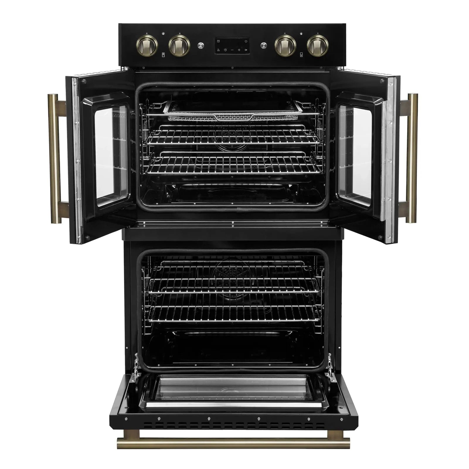 Forno Asti 30-Inch Double Electric Wall Oven with French Door Design - Matte Black Finish & Antique Brass Trim (Model FBOEL1340 30BLK) | Perfect for Modern Kitchens, Baking, and Entertaining