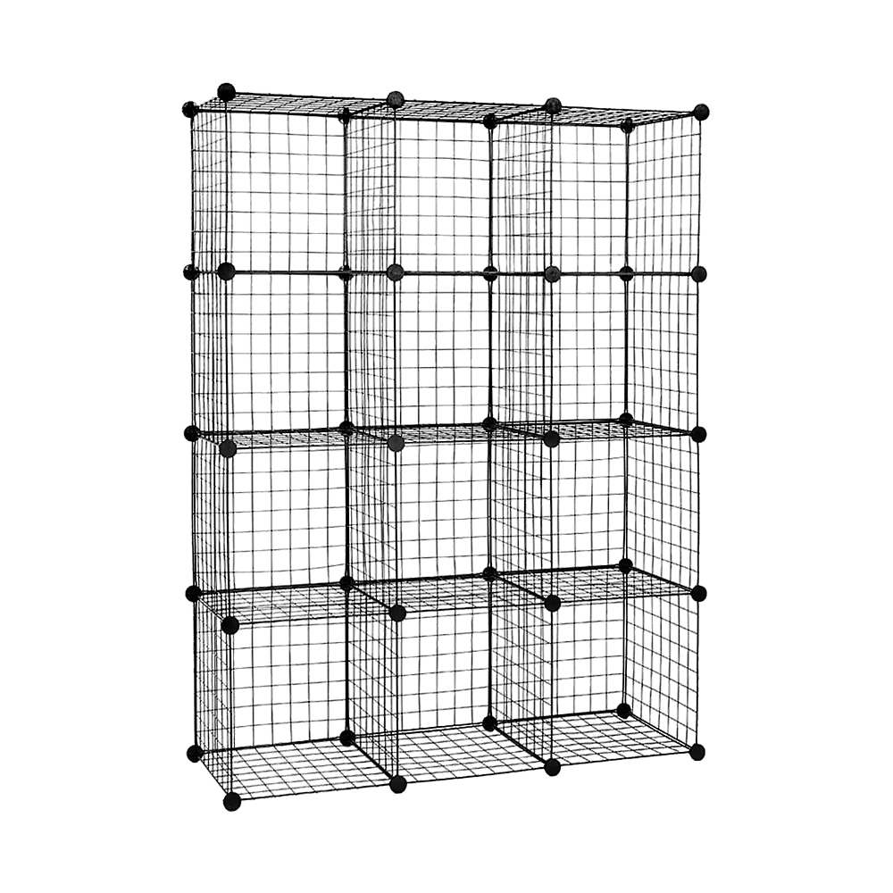 12-Cube Wire Grid Organizer Bookcase - Black Storage Cabinet for Closet, Wardrobe, Office & Living Room Organization