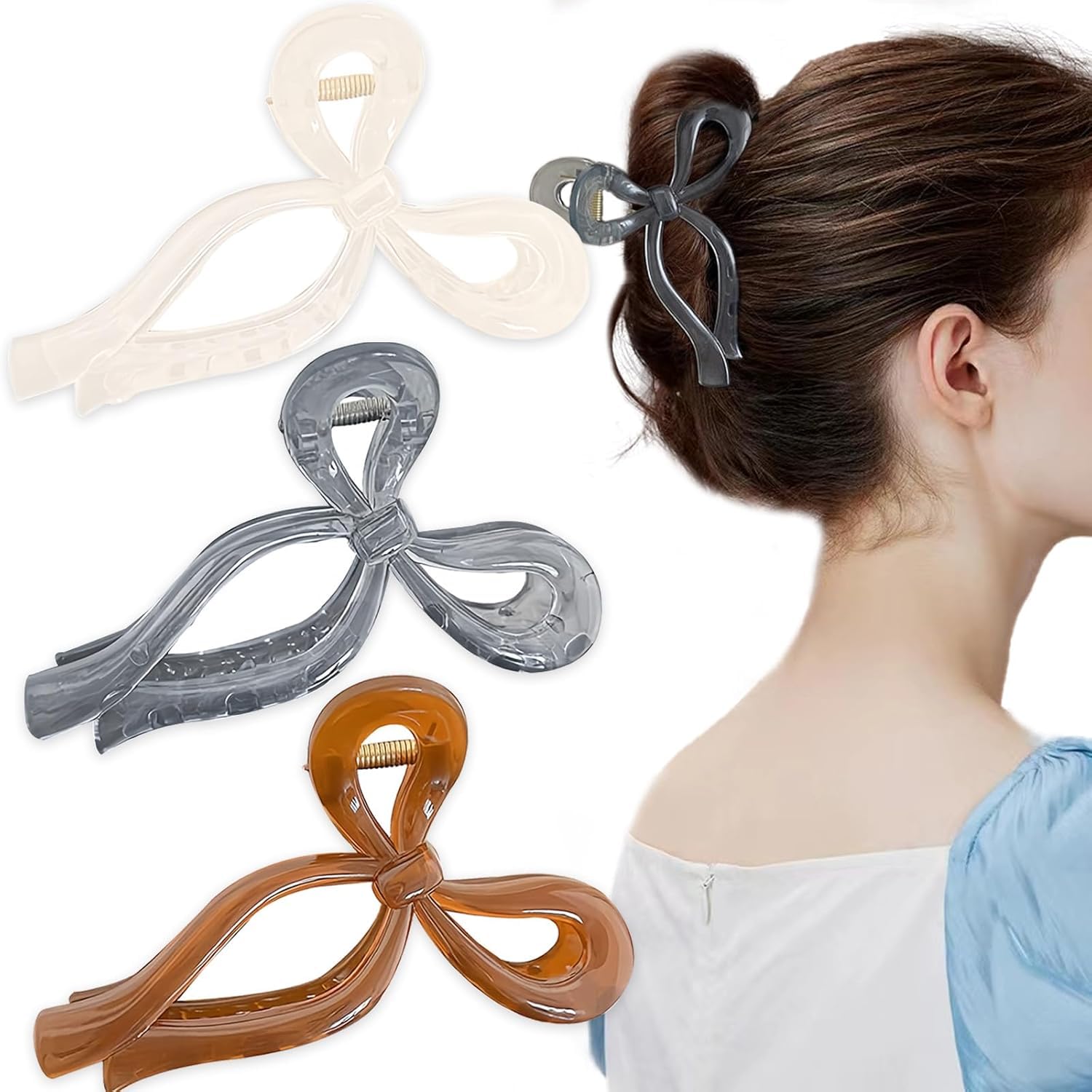3 PCS Large Non-Slip Butterfly Hair Claw Clips - 4.3 Inch Strong Hold Jaw Clips for Women & Girls - Perfect for Thin, Thick & Curly Hair - Versatile Hair Accessories (Gray, Beige, Brown) | Great for Work, School, Parties & Everyday Styling