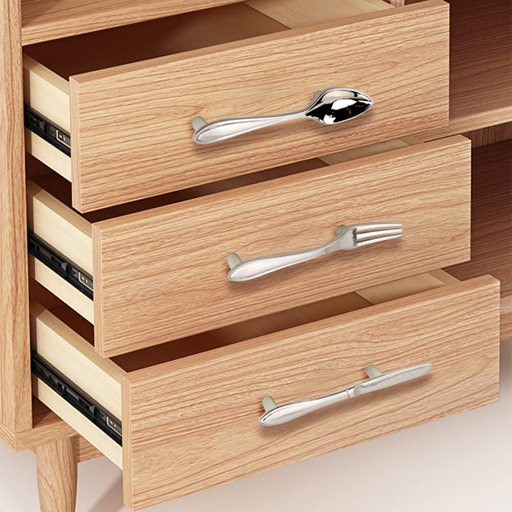 CENGOOD 3-Pack Silver Cabinet Pulls - Spoon Knife Fork Shaped Door Handles with 3