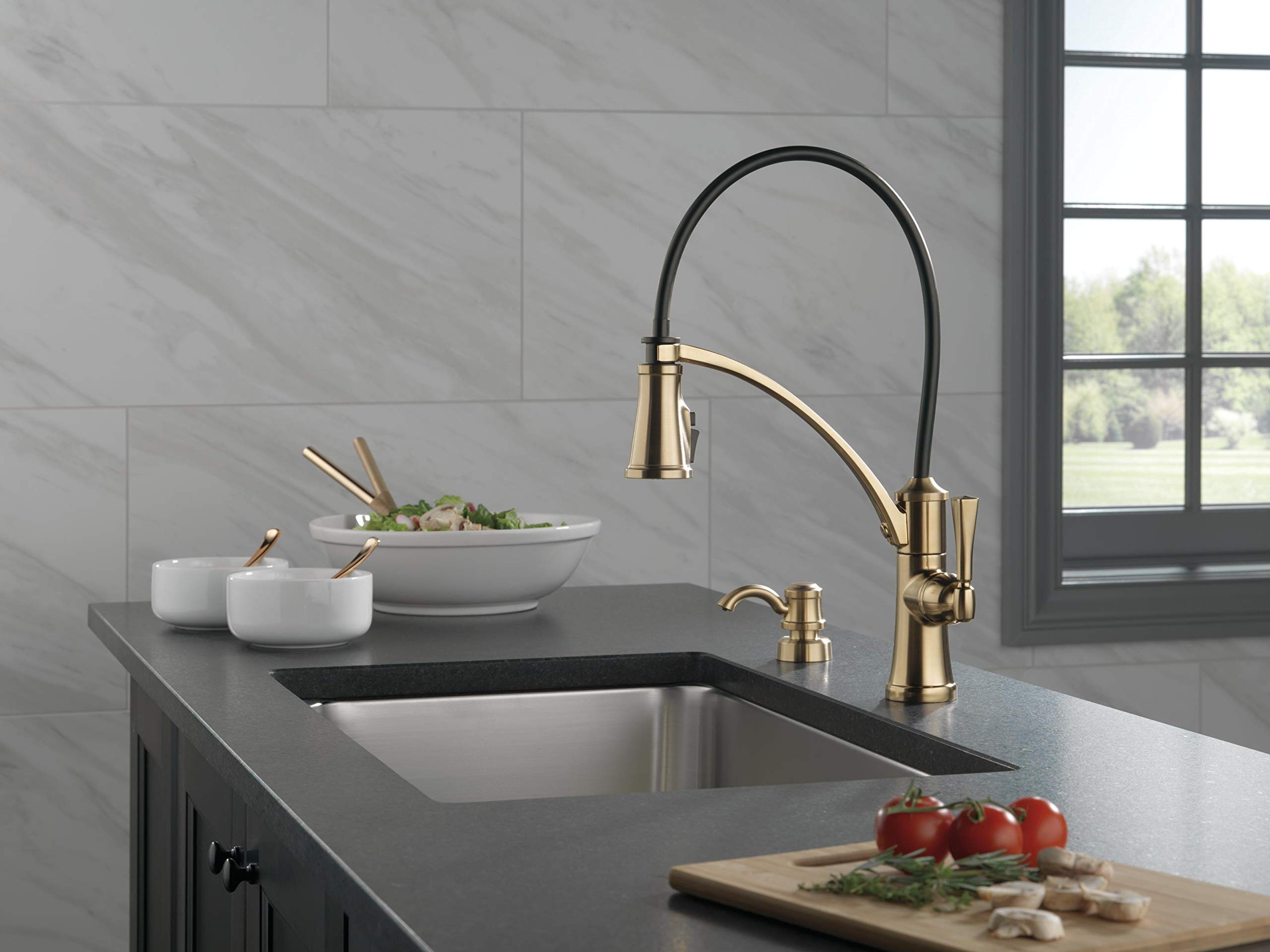 Delta Foundry Gold Kitchen Faucet with Pull Down Sprayer & Soap Dispenser - Champagne Bronze Stainless Steel Sink Faucet 19744Z-CZSD-DST | Perfect for Modern Farmhouse & Luxury Kitchen Renovations