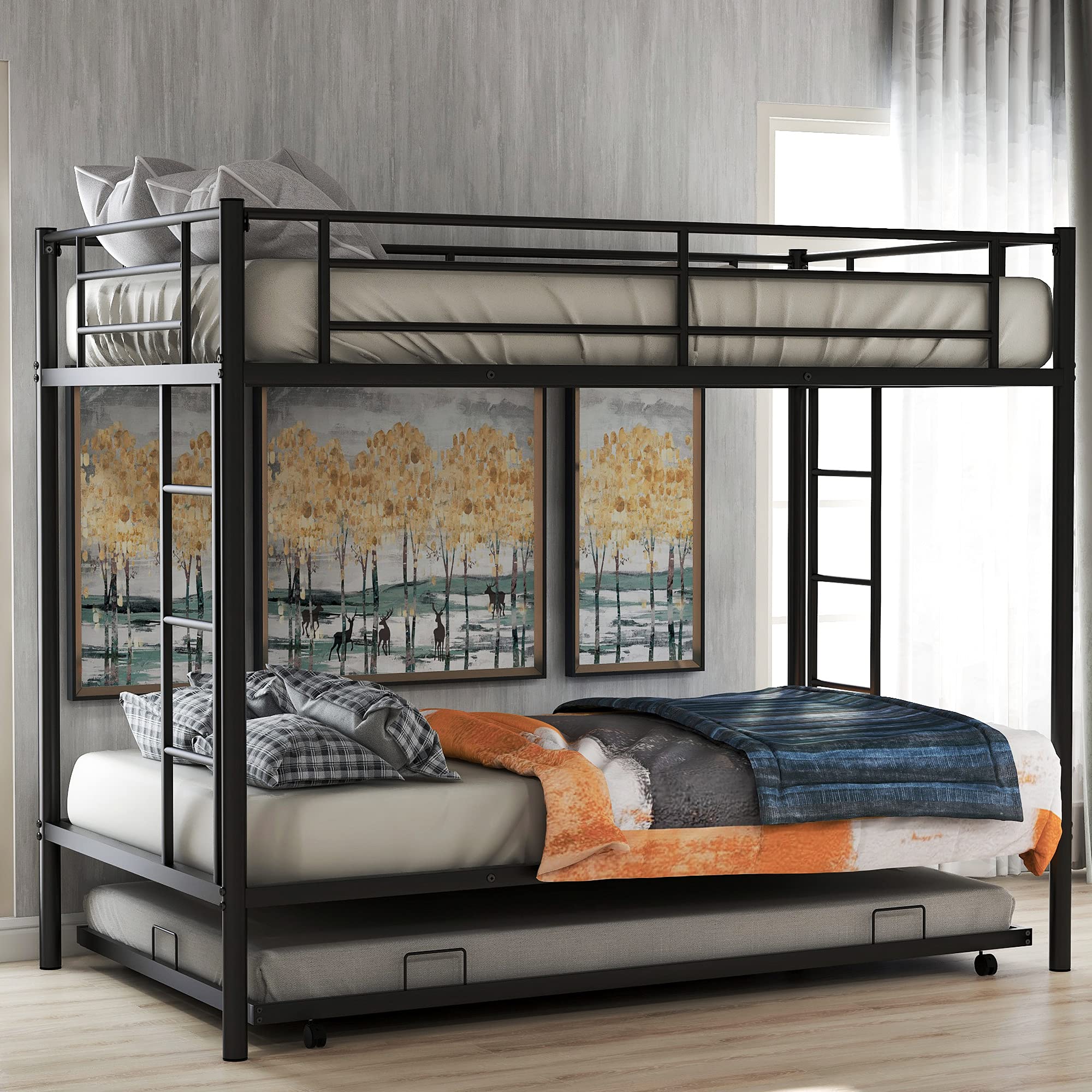 Twin Size Heavy Duty Metal Bunk Bed Frame with Trundle & Safety Guard Rails - No Box Spring Needed (Black) | Space-Saving Kids Bedroom, Guest Room & Dorm Furniture Solution