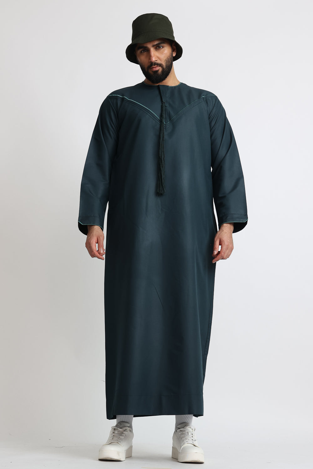J101 Jungle Green Pleated Emirati Thobe for Men - Traditional Arabic Long Dress for Special Occasions & Cultural Events
