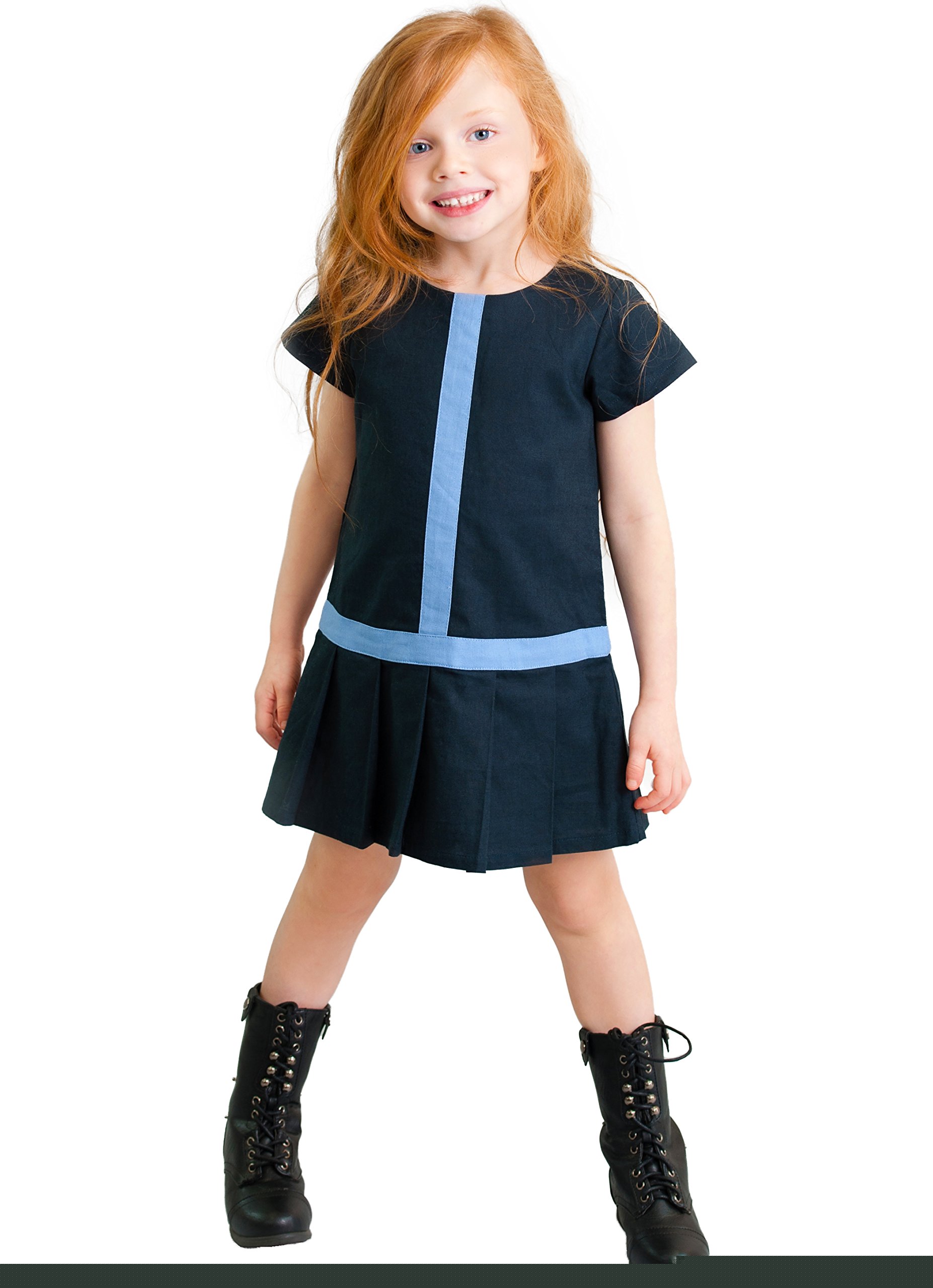 Girls Pleated Preppy Dress in Navy Blue - Cotton Linen Blend | School Uniform, Church Outfit & Casual Wear