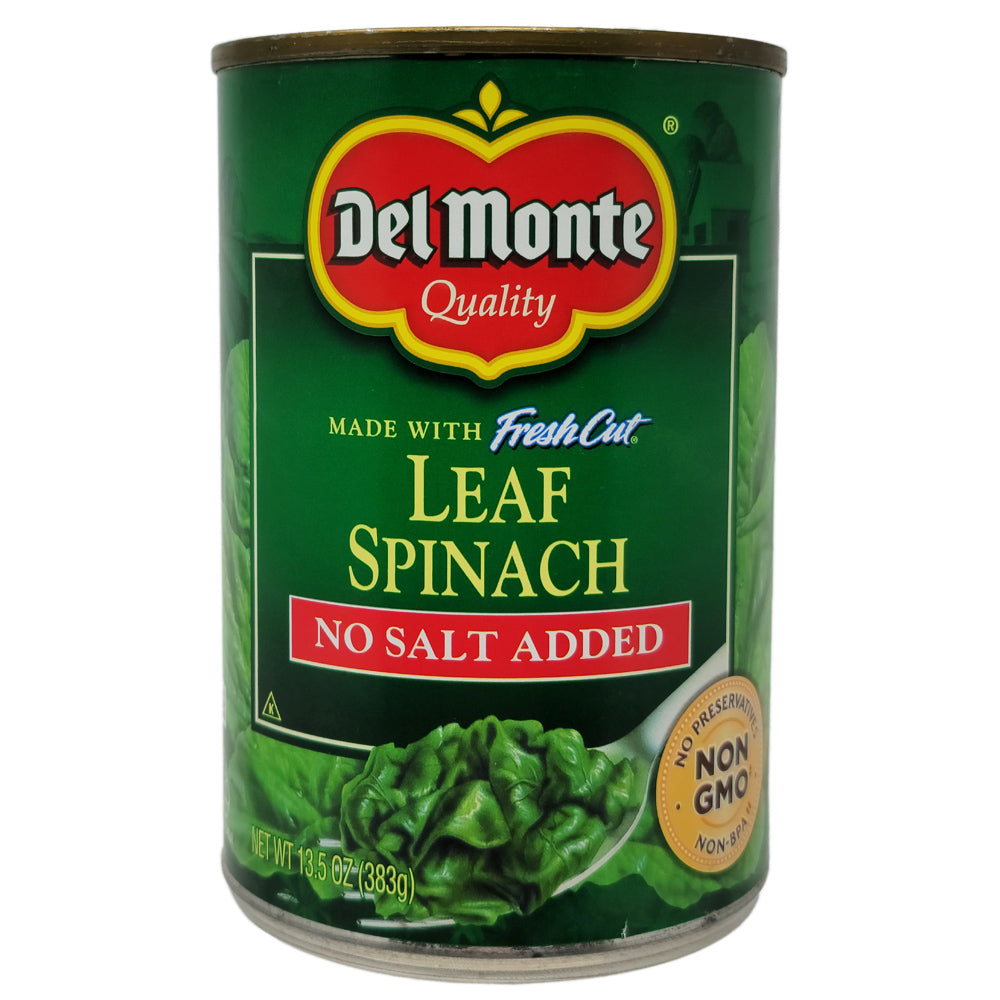 Del Monte No Salt Added Leaf Spinach 13.5 oz - Canned Spinach for Healthy Cooking, Salads & Meal Prep - Rich in Iron & Vitamins