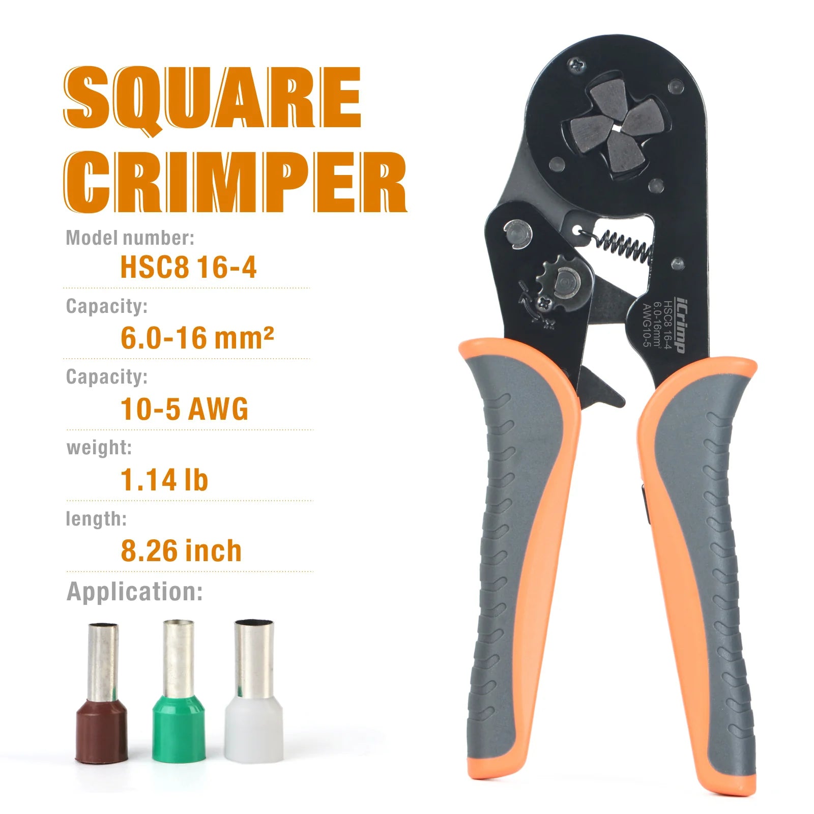 HSC8 16 4 Square Self-Adjusting Ferrule Crimper Tool for AWG10-5 Bootlace Ferrules - Perfect for Electrical Wiring, DIY Projects, and Professional Installations