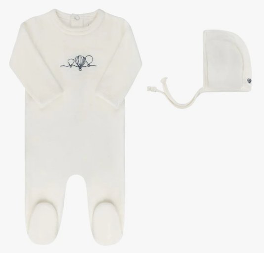 ELY & CO Velour Embroidered Air Balloon Footie with Bonnet for Baby (1M-6M) - Soft & Cozy Newborn Outfit for Photos, Gifts & Special Occasions