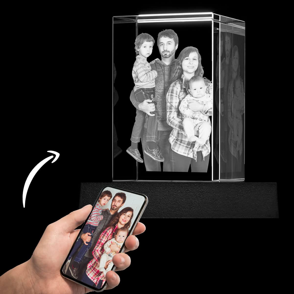 Roniatic 3D Crystal Photo Gift - Personalized Laser Etched Picture for Women, Men, Mom, Dad, Family - Custom Anniversary, Birthday, Memorial Present with Black Light Base (X-Large Portrait) - Perfect for Home Decor, Wedding Gifts & Special Occasions