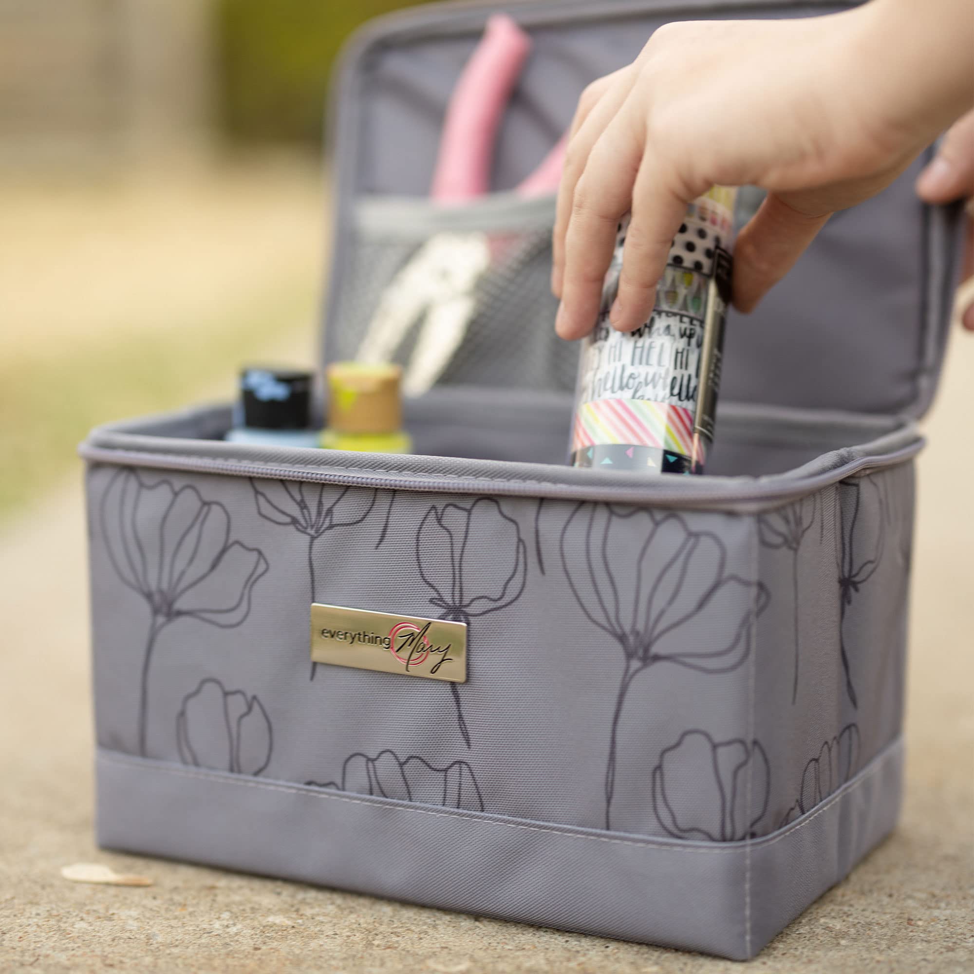 Everything Mary Collapsible Sewing Kit Organizer Box - Grey Floral Storage Basket for Thread, Needles, Scissors & Sewing Notions | Portable Craft Supply Organizer for Travel, Home & DIY Projects