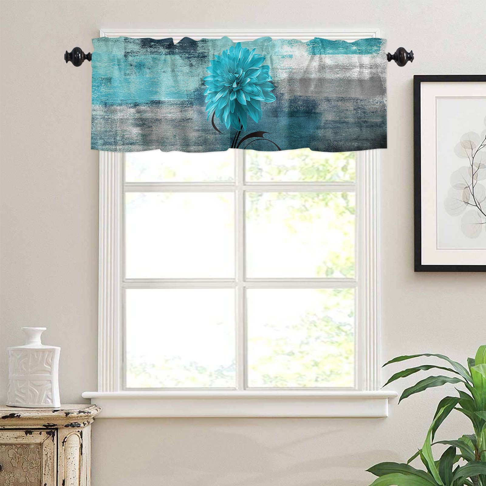 Abstract Graffiti Valance Curtain - Blue Flower for Living Room, Kitchen & Bedroom Decor
