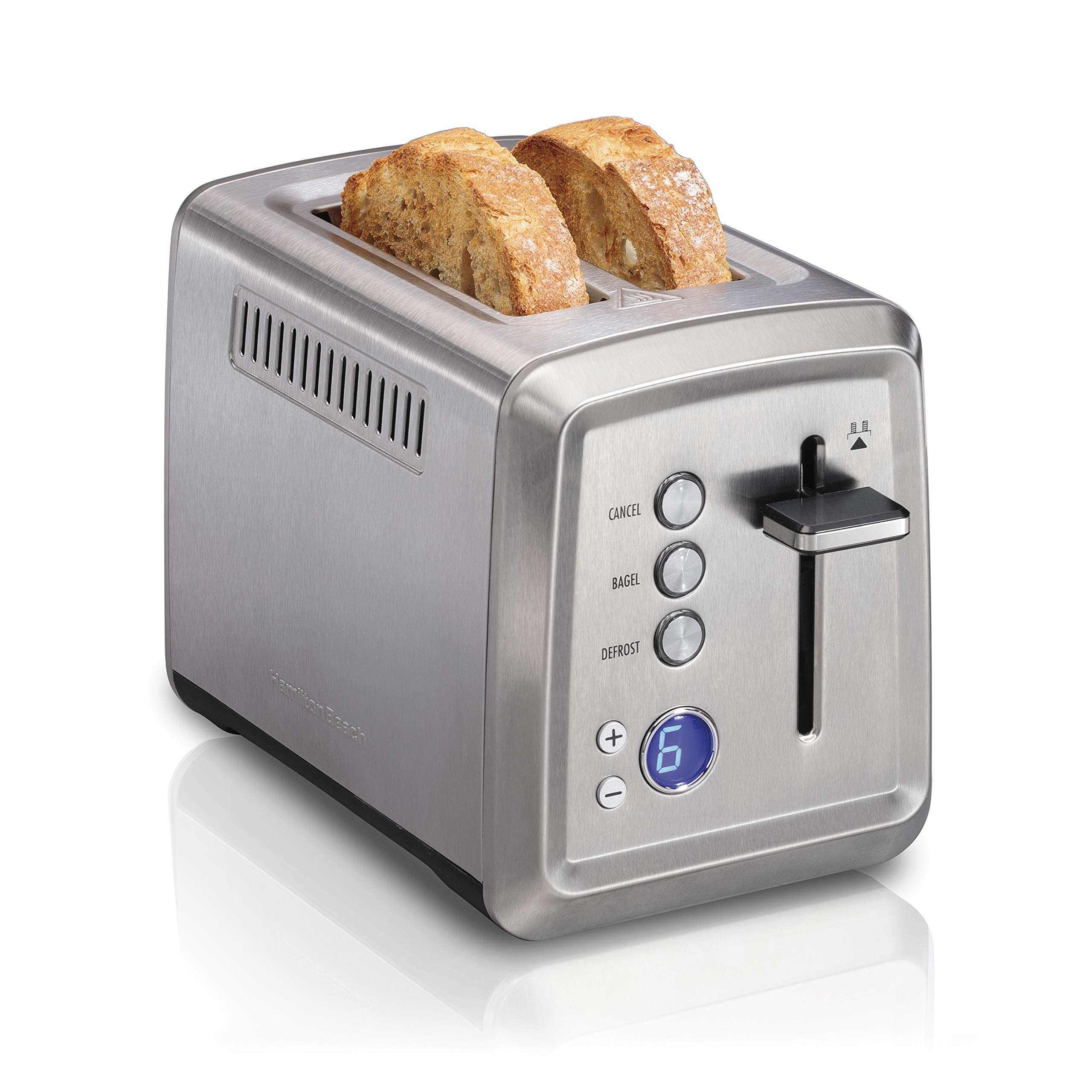 Hamilton Beach 2 Slice Toaster with Extra-Wide Slots - Bagel Setting, Defrost Function & Auto Shutoff - Stainless Steel Toaster for Bagels, Thick Bread & Pastries - Perfect for Breakfast, Kitchen & Office Use (Model 22796)