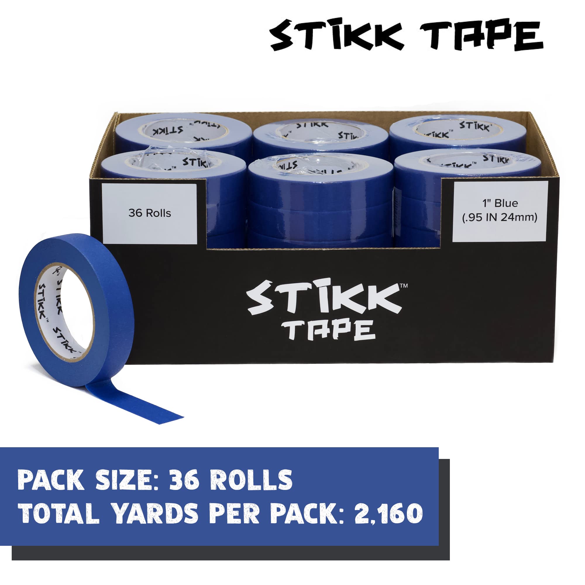 STIKK 1 Inch x 60 Yards Blue Painter's Tape - 36 Roll Bulk Pack - Residue-Free Masking Tape for Painting Walls, Edges, Trim and Ceilings - Perfect for DIY Home Improvement Projects, Crafting and Professional Painting Jobs