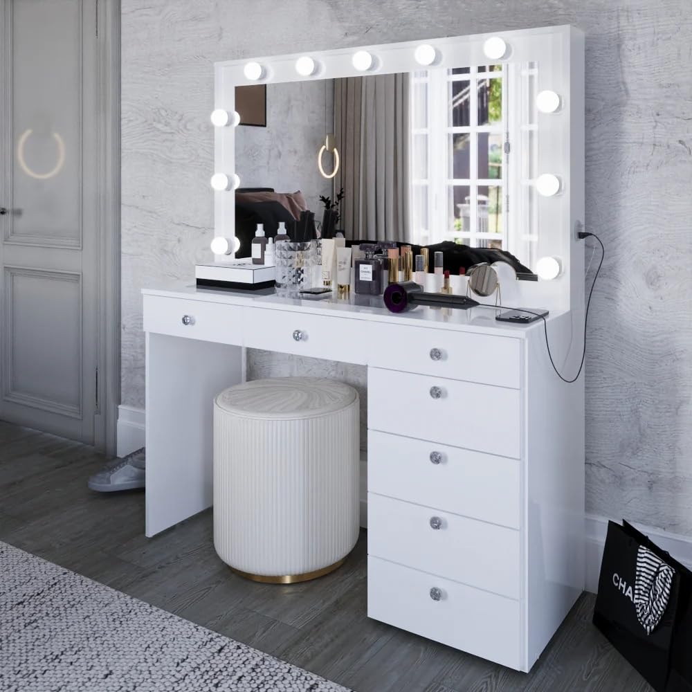 Boahaus Serena - Large Glass Top Vanity Desk with Hollywood Mirror Lights, 7 Drawers, Crystal Knobs, USB Type-C & Type-A Ports, Power Outlet - Stylish Makeup Dressing Table for Women & Teens - White - Perfect for Bedrooms, Dressing Rooms & Home Beauty Stations
