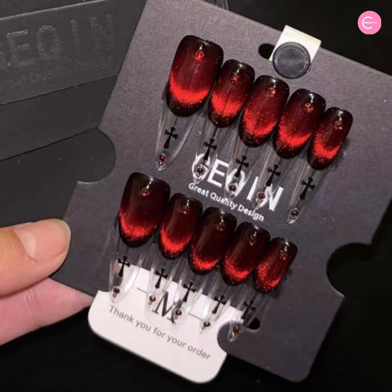 GEQIN Blood Mary Cat Eye Gothic Press On Nails - Long Lasting Fake Nails with Glitter for Women, Halloween Party Nails, Gothic Fashion Accessories - Perfect for Costume Parties, Night Out, and Special Occasions